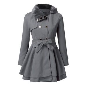 Flex Supply, Pea Coat Women's grey, Faux Fur Collar Belted Button, small